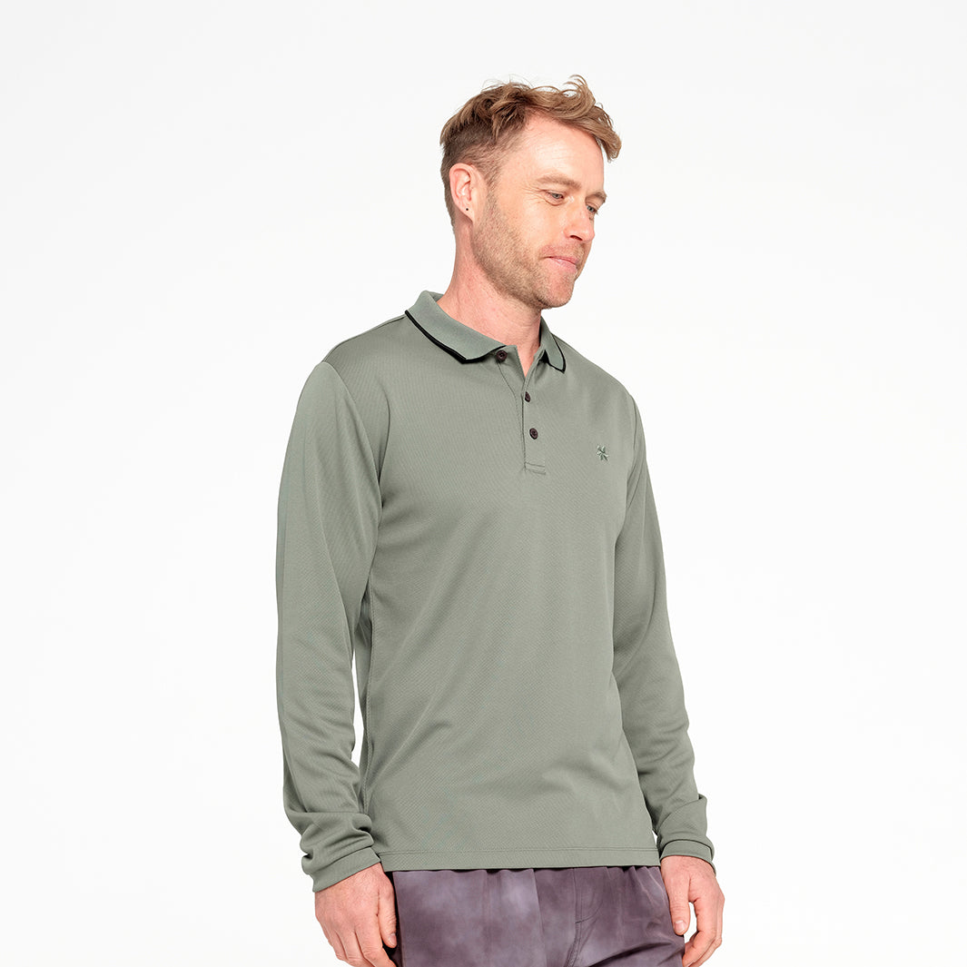 Cancer Council | Mens Long Sleeve Polo - Front Angle | Sage | UPF50+ Protection