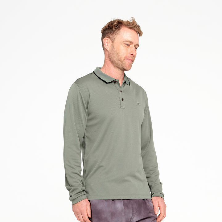 Cancer Council | Mens Long Sleeve Polo - Front Angle | Sage | UPF50+ Protection