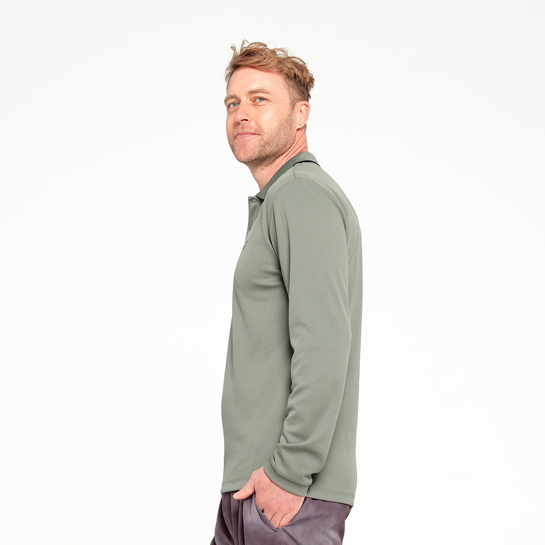 Cancer Council | Mens Long Sleeve Polo - Side | Sage | UPF50+ Protection