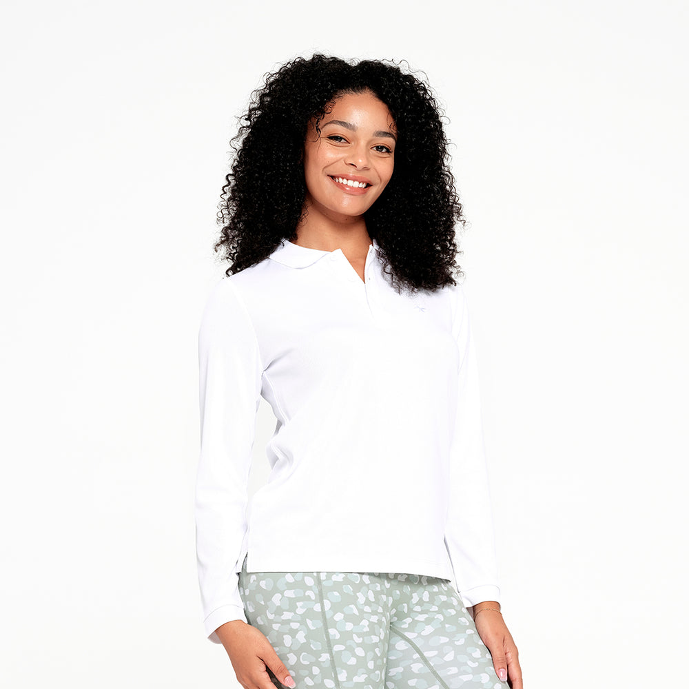 Cancer Council | Womens Long Sleeve Polo - Angle | White | UPF50+ Protection