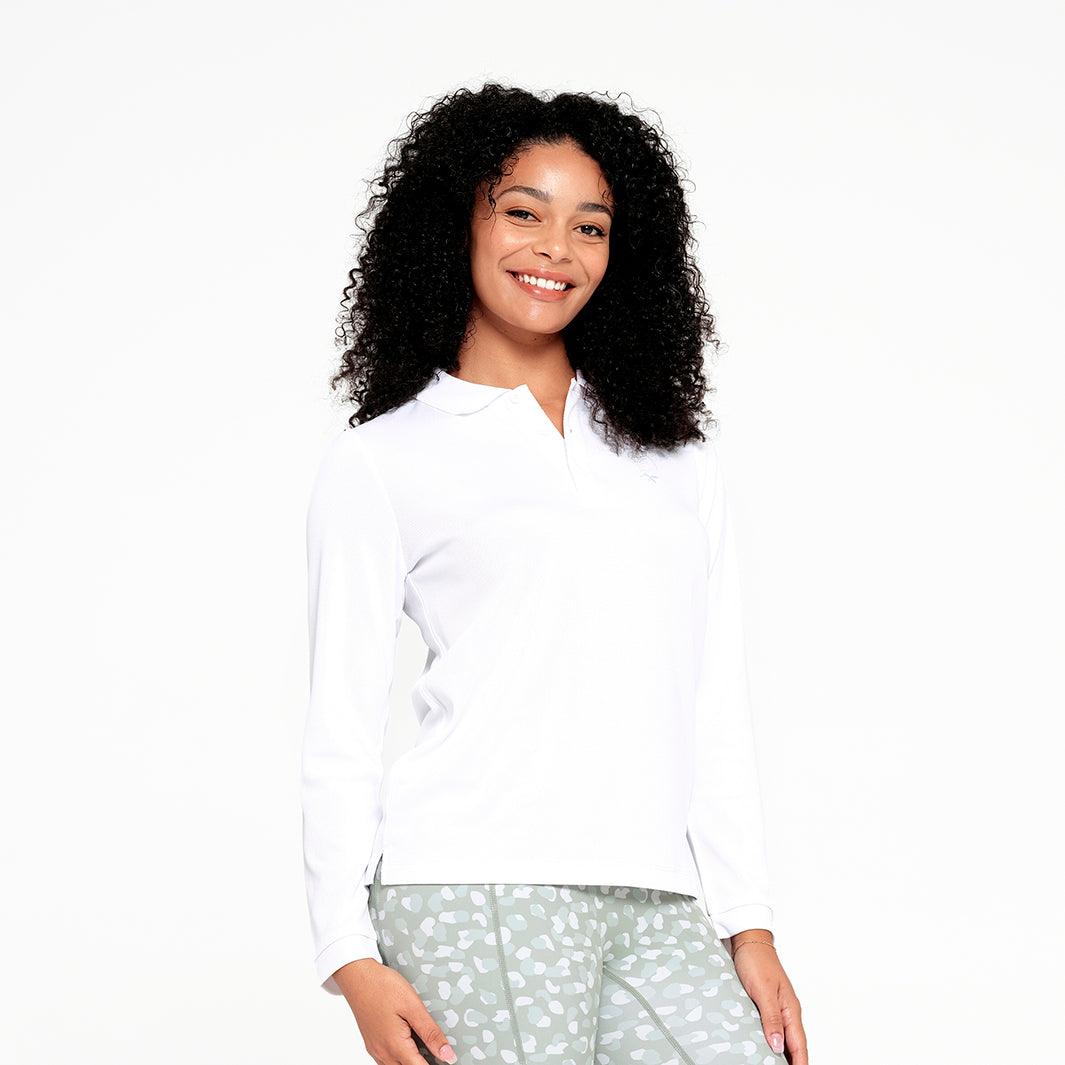 Cancer Council | Womens Long Sleeve Polo - Angle | White | UPF50+ Protection
