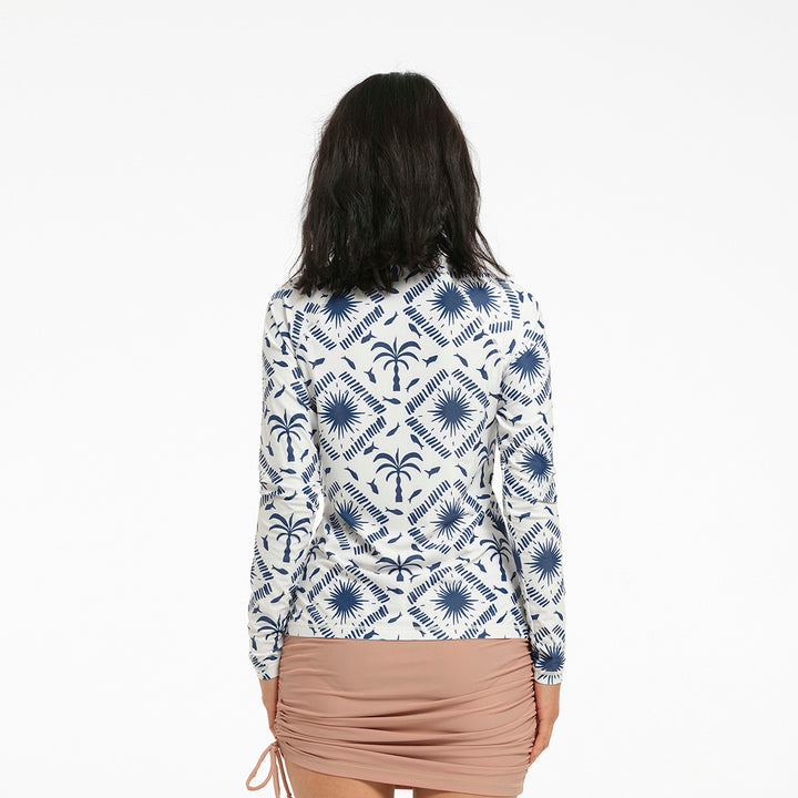 Cancer Council | Womens Resort Palm Long Sleeve Swim Jacket - Back | Blue/White | UPF50+ Protection