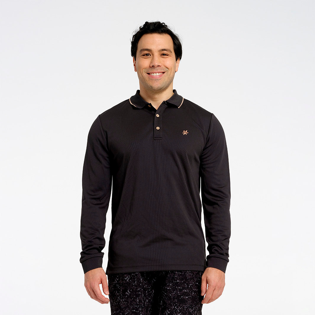 Cancer Council | Mens Long Sleeve Polo - Front | Charcoal | UPF50+ Protection