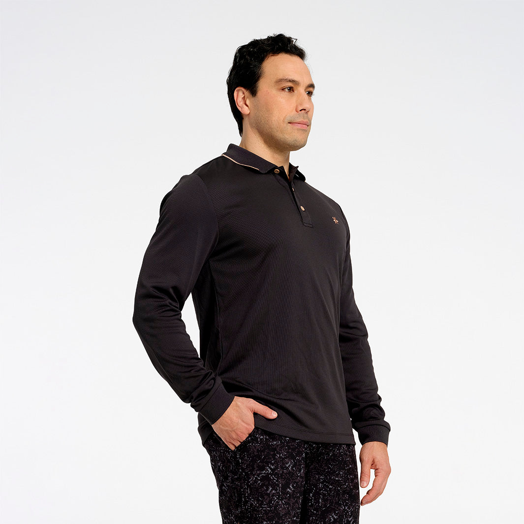 Cancer Council | Mens Long Sleeve Polo - Side | Charcoal | UPF50+ Protection