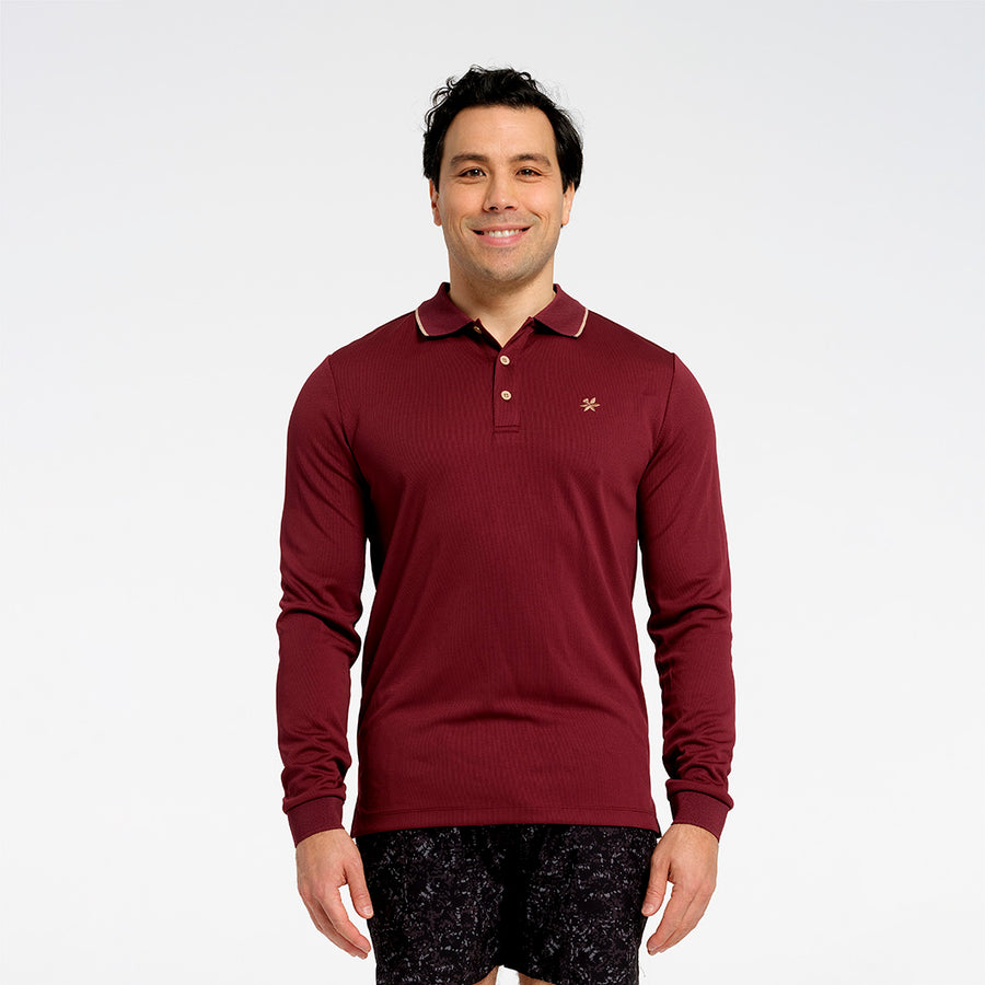 Cancer Council | Mens Long Sleeve Polo - Front | Burgundy | UPF50+ Protection