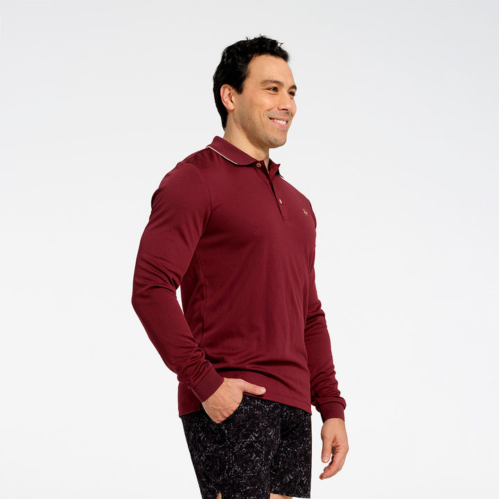 Cancer Council | Mens Long Sleeve Polo - Side | Burgundy | UPF50+ Protection