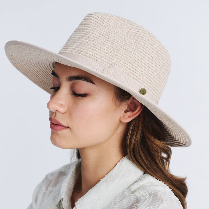 Cancer Council | Linda Fedora Hat - Side Model | Mixed Camel | UPF50+ Protection