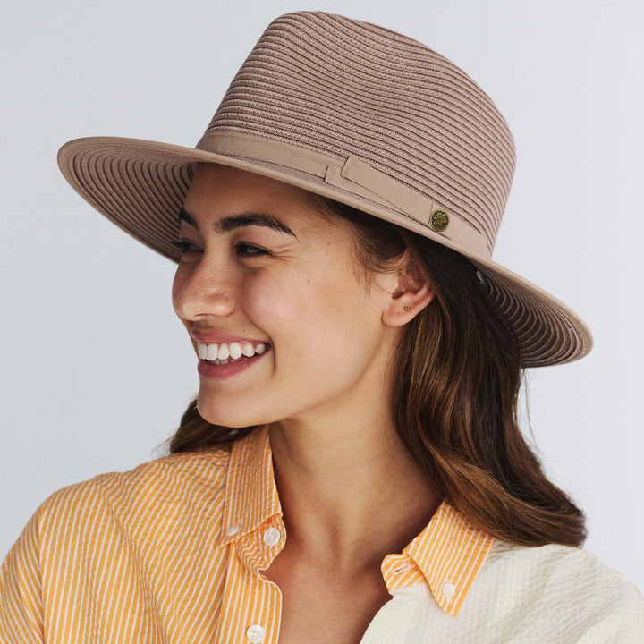 Cancer Council | Linda Fedora Hat - Lifestyle Model | Taupe | UPF50+ Protection