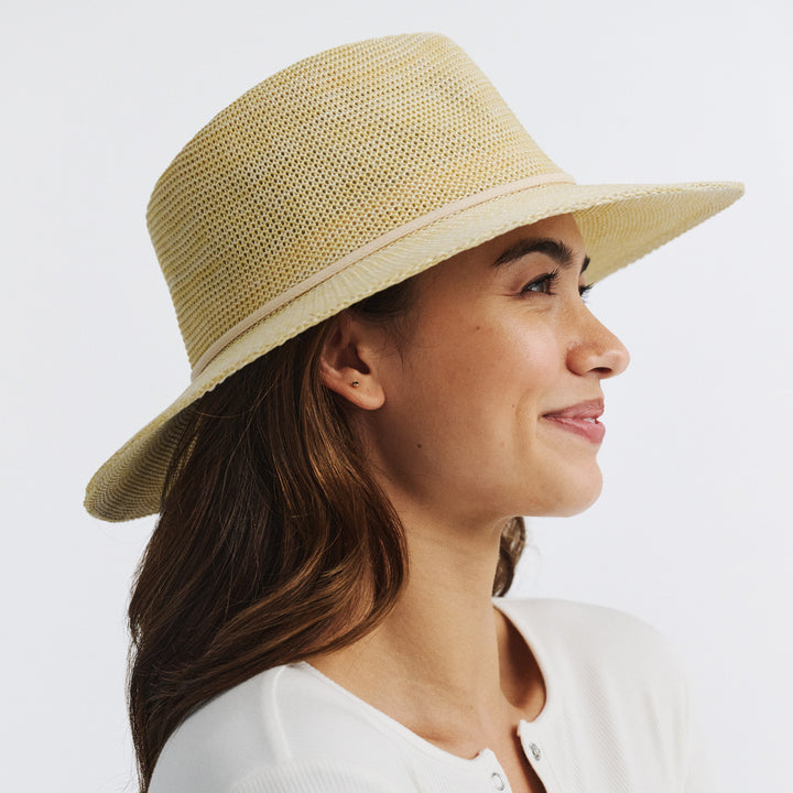 Cancer Council | Jacqui Mannish Hat - Angle Lifestyle | Yellow | UPF50+ Protection