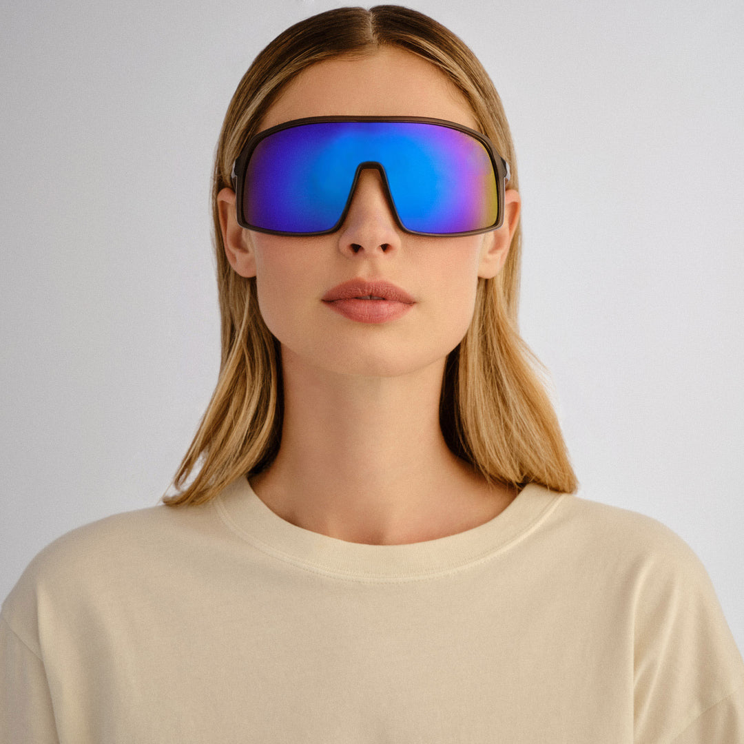 Cancer Council | Outfield Shield Sunglasses | Grey/Neon Blue | Front Model