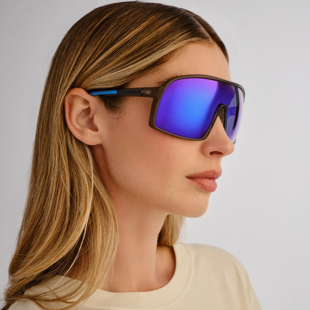 Cancer Council | Outfield Shield Sunglasses | Grey/Neon Blue | Angle Female