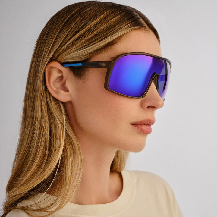 Cancer Council | Outfield Shield Sunglasses | Grey/Neon Blue | Angle Female