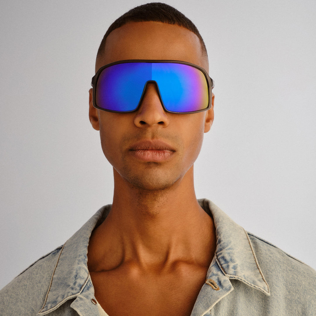 Cancer Council | Outfield Shield Sunglasses | Grey/Neon Blue | Male Model