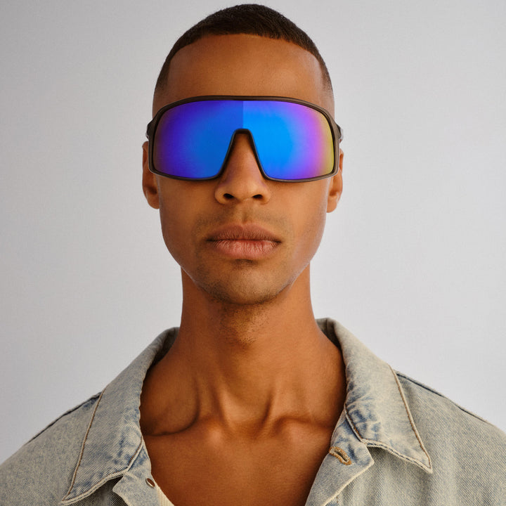 Cancer Council | Outfield Shield Sunglasses | Grey/Neon Blue | Male Model