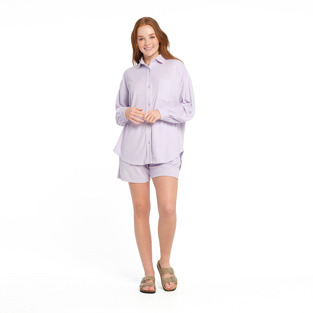 Cancer Council | Terry Cover Up Shirt - Full Front | Purple | UPF50+ Protection