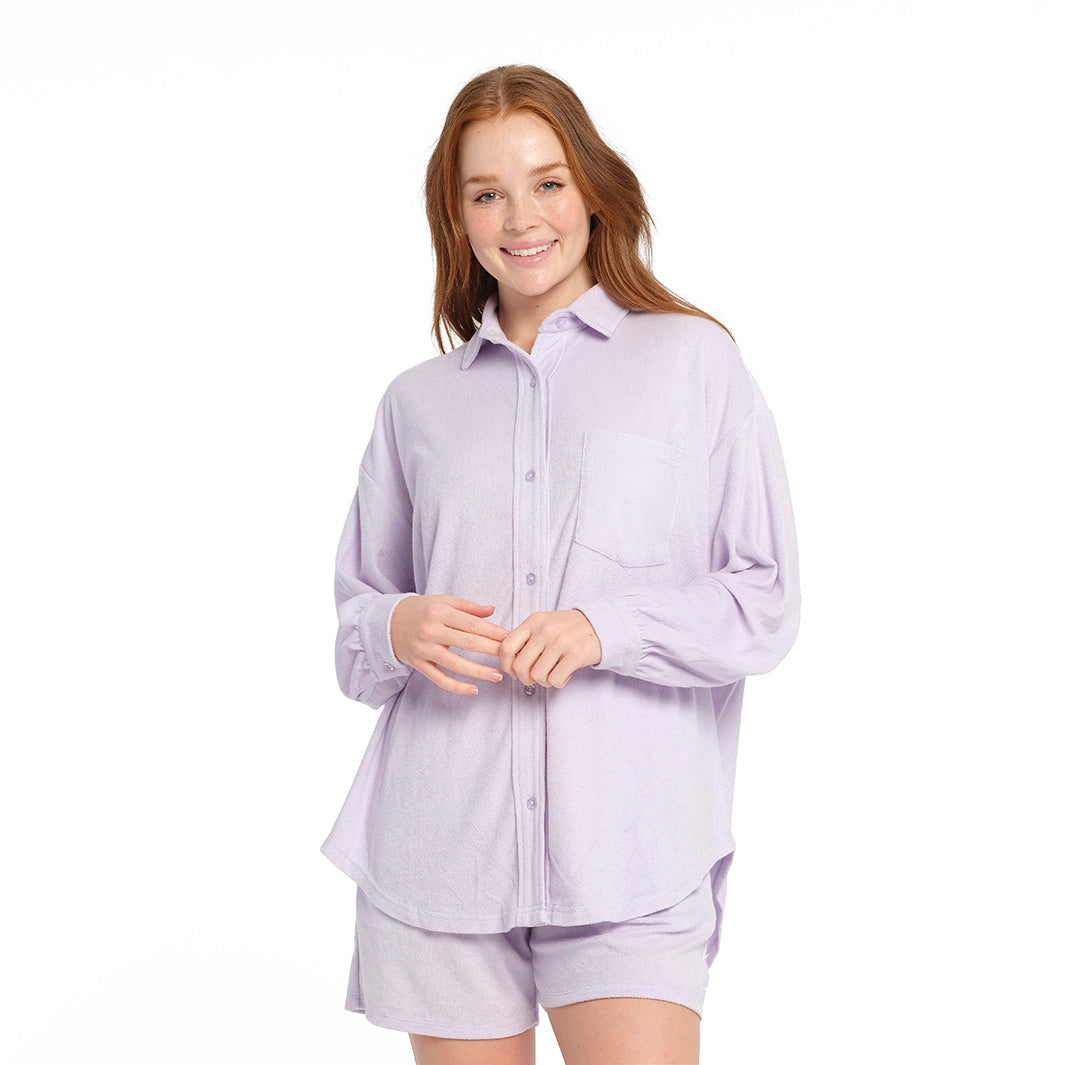Cancer Council | Terry Cover Up Shirt - Front | Purple | UPF50+ Protection