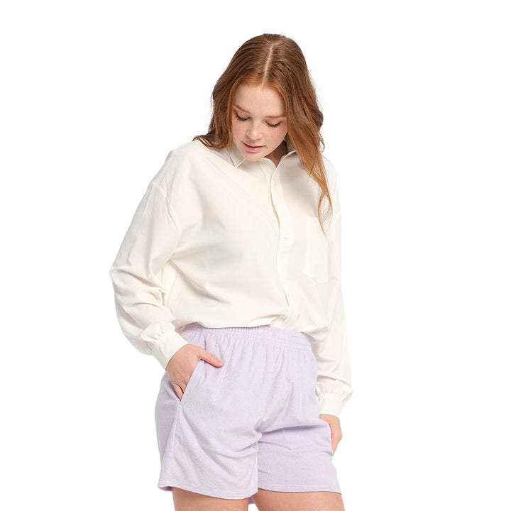 Cancer Council | Cover Up Shirt Cloud Dancer - Front Tucked Shorts | White | UPF50+ Protectio