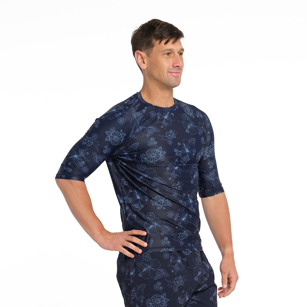 Cancer Council | Blue Bay Floral Rashie - Side | Navy | UPF50+ Protection