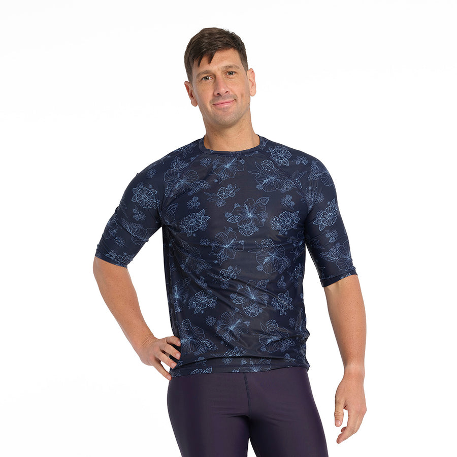Cancer Council | Blue Bay Floral Rashie - Front | Navy | UPF50+ Protection