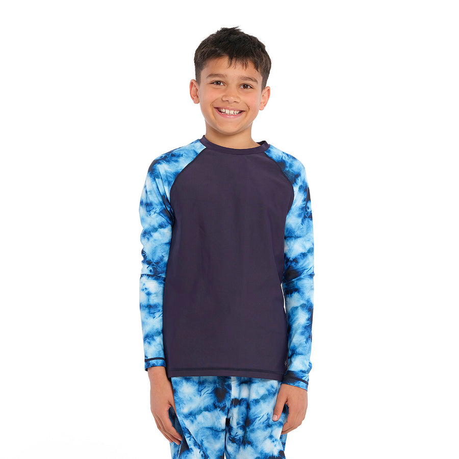 Cancer Council | Blue Tie Dye Long Sleeve Rashie - Front | Navy | UPF50+ Protection
