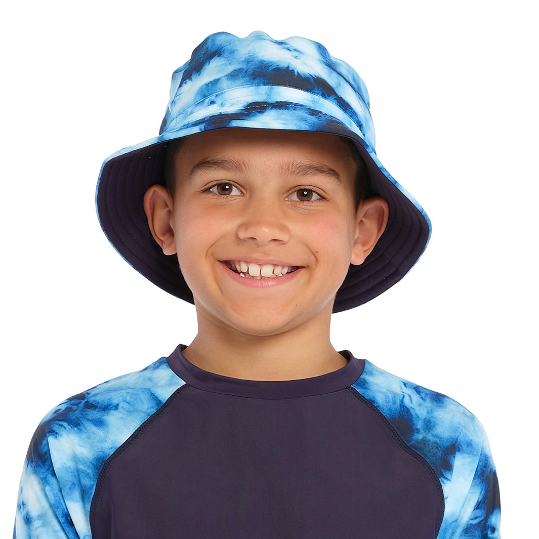 Cancer Council | Tie Dye Bucket Swim Hat - Front | Navy | UPF50+ Protection