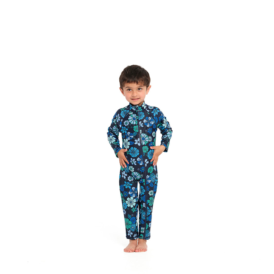 Cancer Council | Ocean Aqua Floral Zip Suit - Front | Navy | UPF50+ Protection