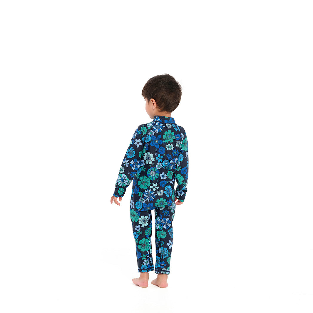 Cancer Council | Ocean Aqua Floral Zip Suit - Back | Navy | UPF50+ Protection