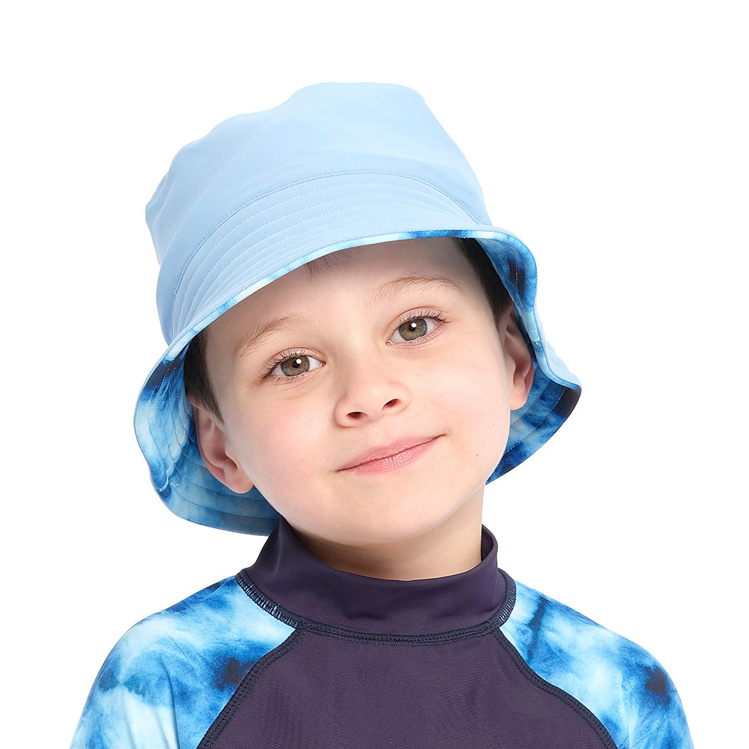 Cancer Council | Blue Tie Dye Bucket Swim Hat - Front Reverse | Blue | UPF50+ Protection