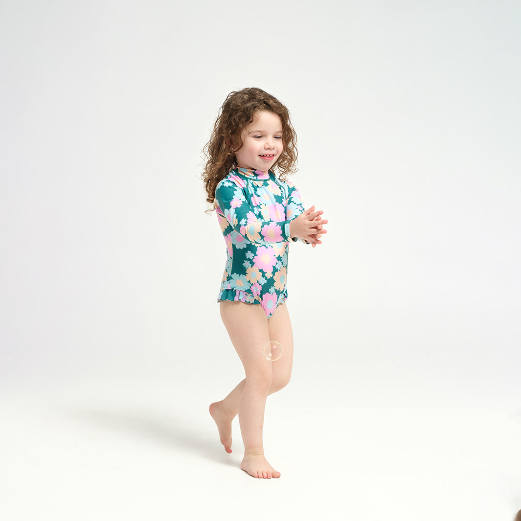 Cancer Council | 
Toddler 60s Floral LS Paddle Suit - Side |  UPF50+ Protection