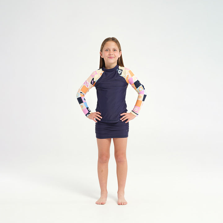 Cancer Council | 
Kids Solid Patch LS Rashie - Blue Skirt |  UPF50+ Protection