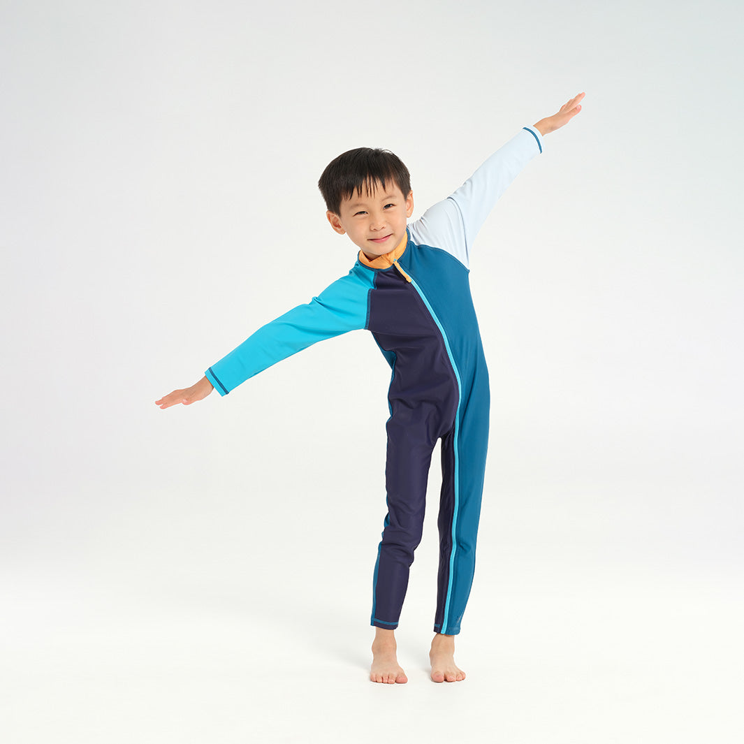 Cancer Council | Infant Blocked LS Swim Zip Suit - Navy Apricot - Front |  UPF50+ Protection