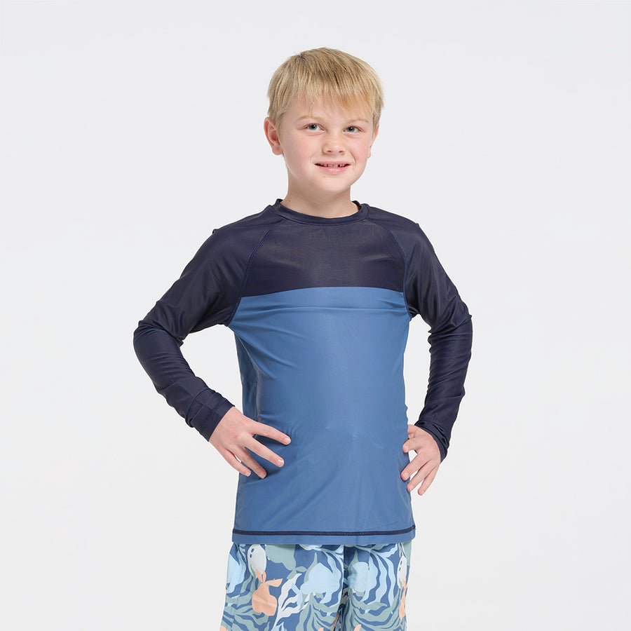 Cancer Council | Kids Deep Blue Long Sleeve Rashie | Front | UPF50+ Protection