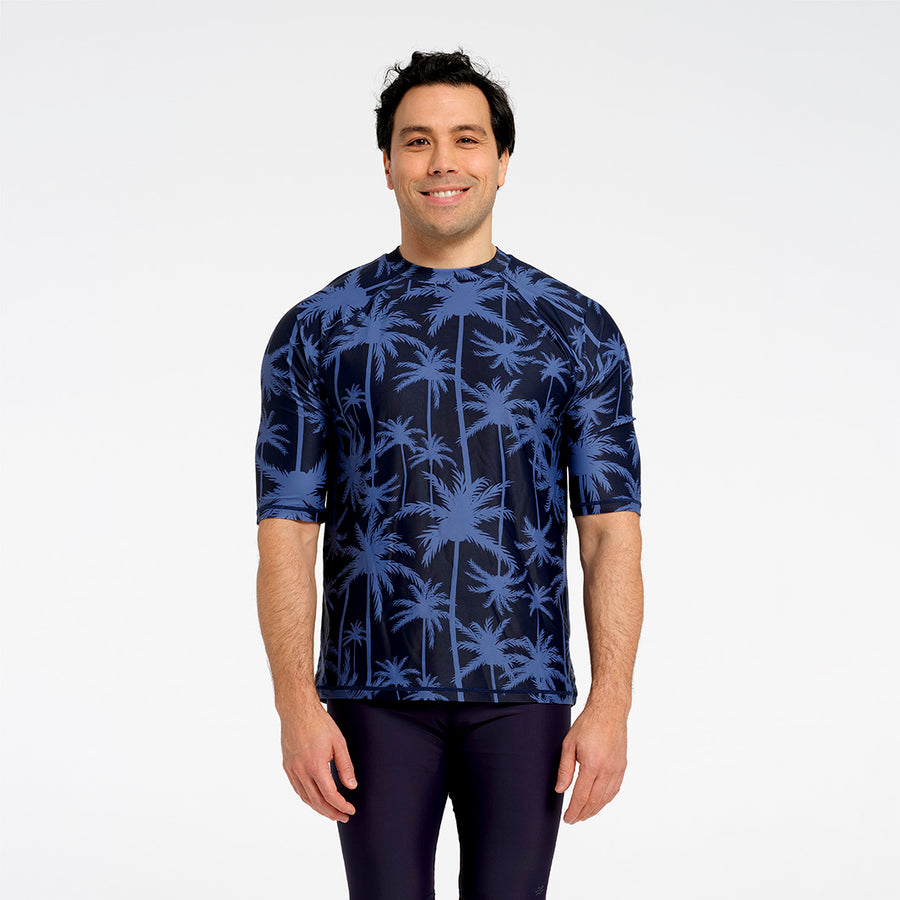 Cancer Council | Mens Tropical Palm Short Sleeve Rashie - Front | Blue | UPF50+ Protection