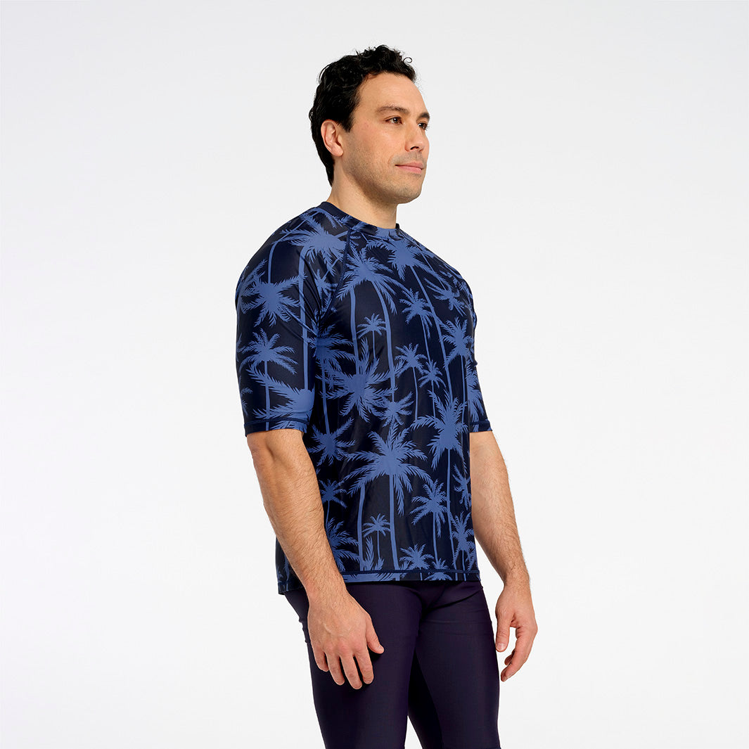Cancer Council | Mens Tropical Palm Short Sleeve Rashie - Side | Blue | UPF50+ Protection