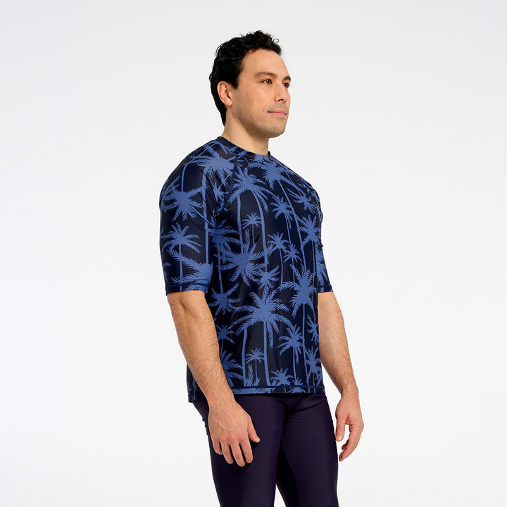 Cancer Council | Mens Tropical Palm Short Sleeve Rashie - Side | Blue | UPF50+ Protection