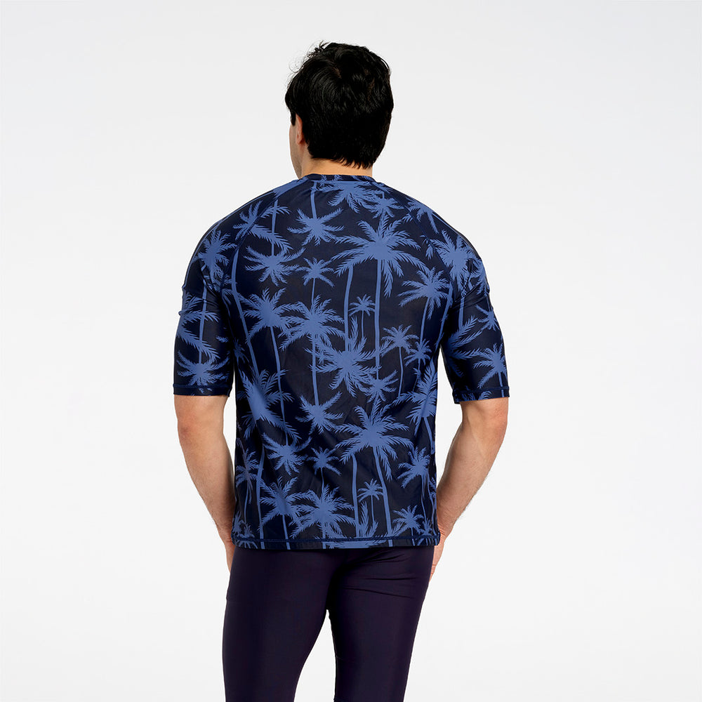 Cancer Council | Mens Tropical Palm Short Sleeve Rashie - Back | Blue | UPF50+ Protection