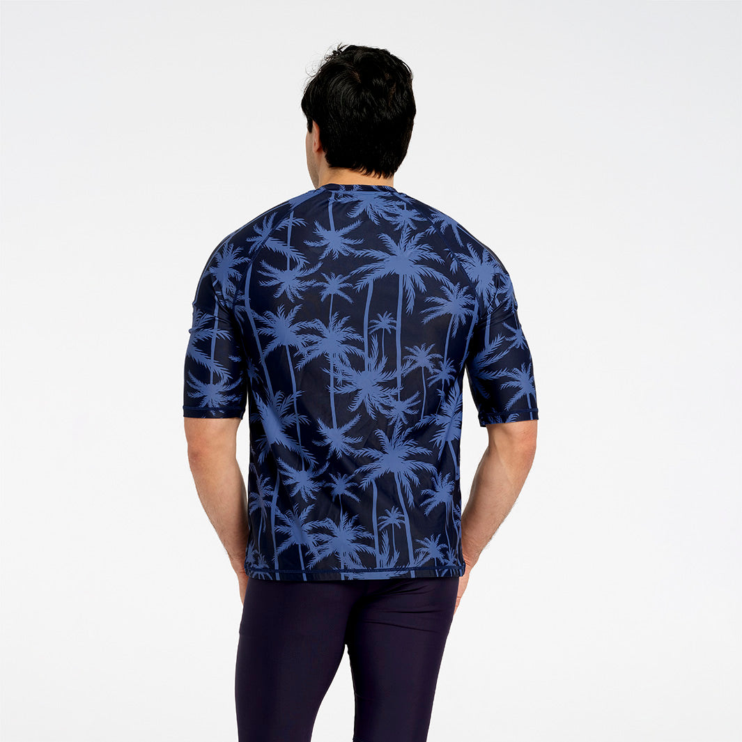 Cancer Council | Mens Tropical Palm Short Sleeve Rashie - Back | Blue | UPF50+ Protection