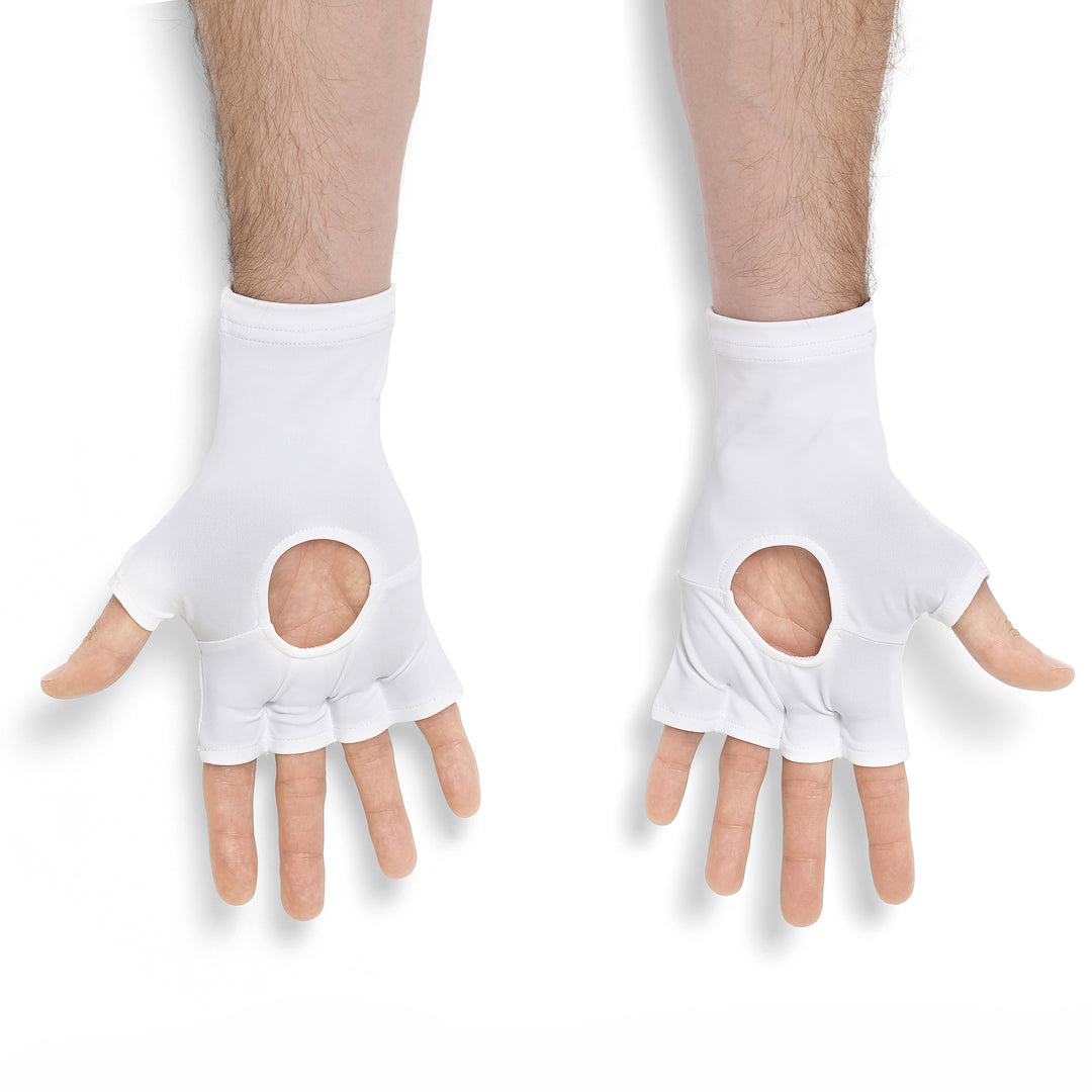 A pair of white fingerless wrist support sleeves worn on a person's hands, shown against a plain white background.