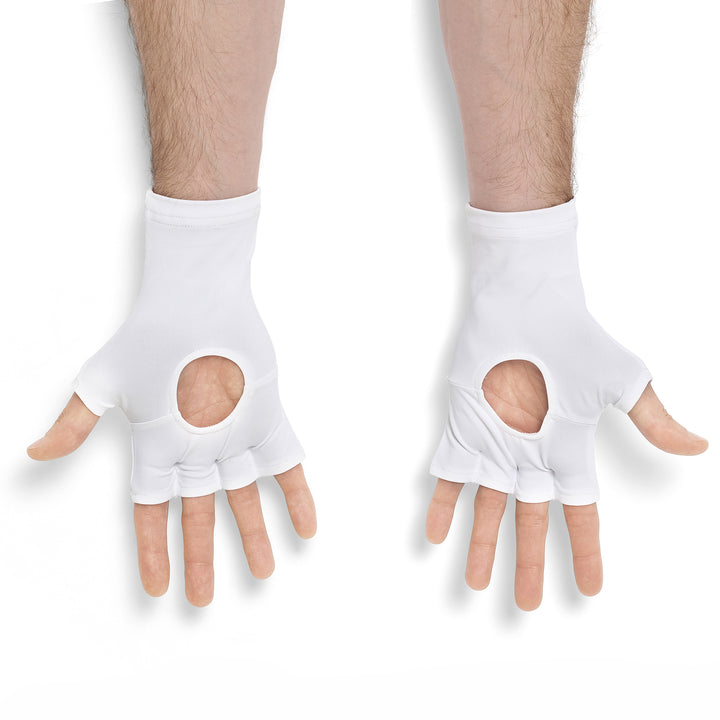 A pair of white fingerless wrist support sleeves worn on a person's hands, shown against a plain white background.