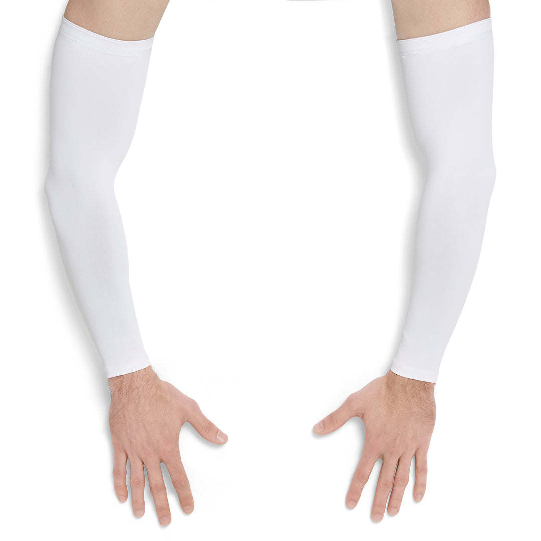 A pair of white long arm sleeves worn on both forearms, shown against a plain white background with the hands visible below.