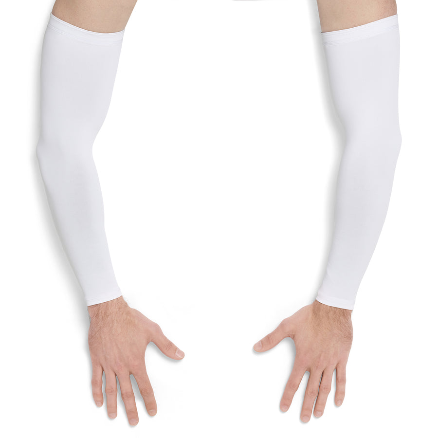 A pair of white long arm sleeves worn on both forearms, shown against a plain white background with the hands visible below.