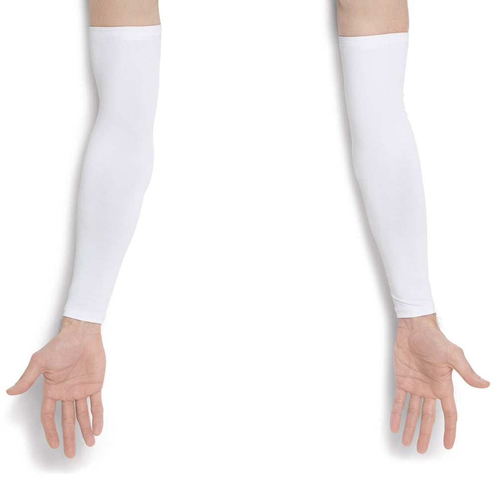 A pair of white long arm sleeves worn on both forearms, shown against a plain white background with the hands visible below showing palms