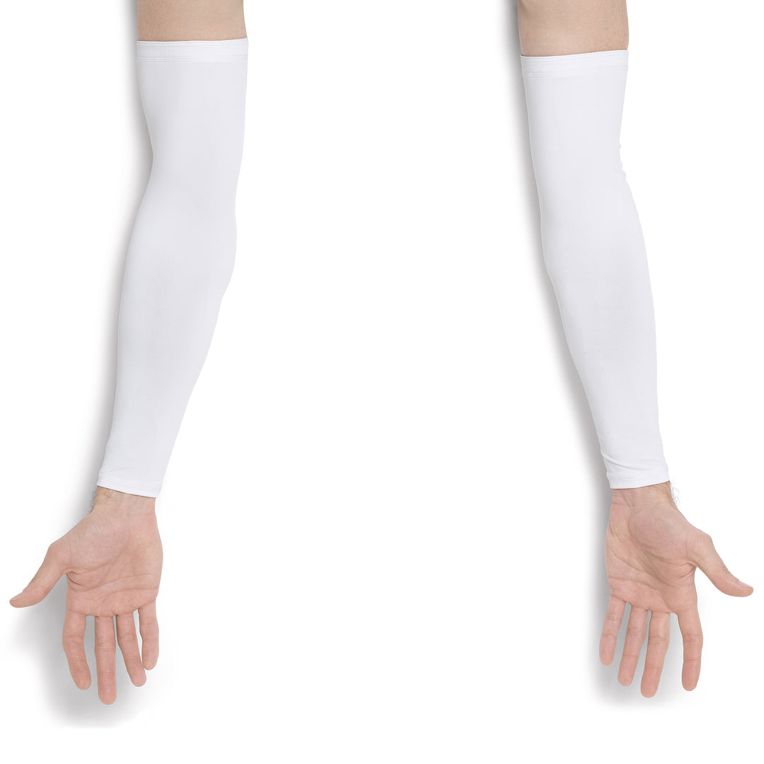 A pair of white long arm sleeves worn on both forearms, shown against a plain white background with the hands visible below showing palms