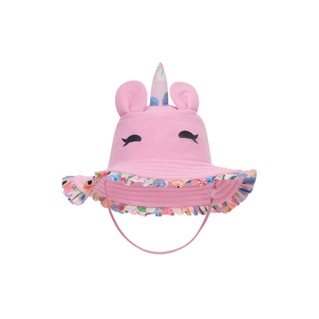 A pink baby sun hat with a unicorn theme, featuring plush ears, a printed horn, and a colorful ruffled brim, shown on a plain white background.