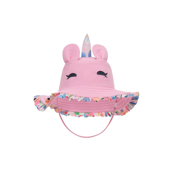A pink baby sun hat with a unicorn theme, featuring plush ears, a printed horn, and a colorful ruffled brim, shown on a plain white background.