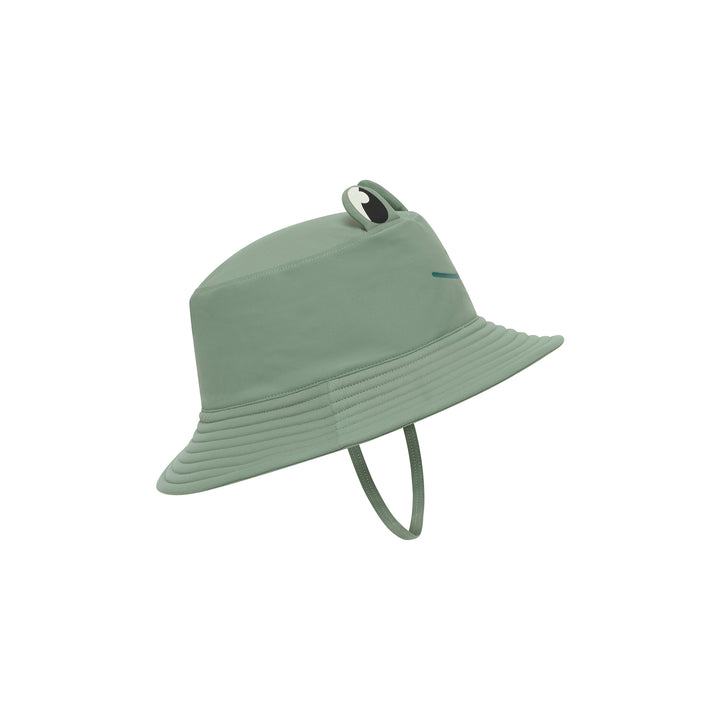 A sage green wide-brim sun hat with a chin strap and frog ears, shown against a plain white background.
