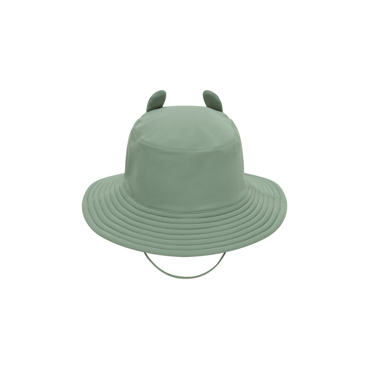 A sage green sun hat with two small upright frog ears on top and a thin chin strap, shown against a plain white background.