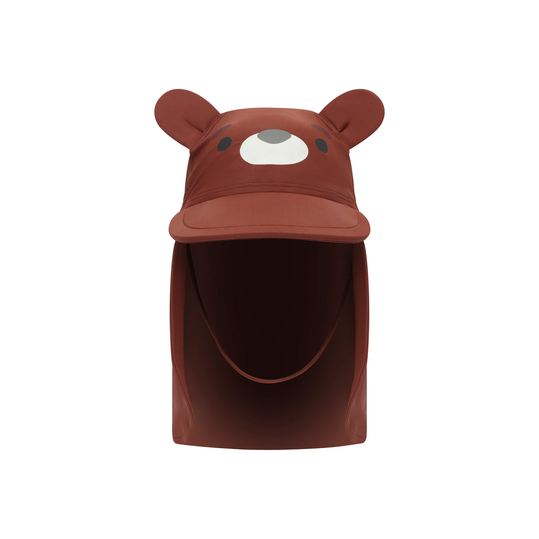 A brown sun hat with a bear face design, featuring a curved brim, two small ears, embroidered eyes and nose, and a neck flap, shown on a plain white background.