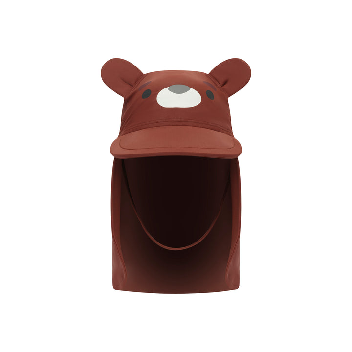 A brown sun hat with a bear face design, featuring a curved brim, two small ears, embroidered eyes and nose, and a neck flap, shown on a plain white background.