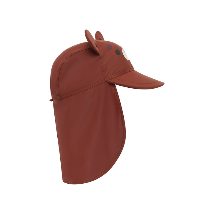 A rust-brown sun hat with a built-in neck flap and small animal ears on top, shown in profile against a solid white background.